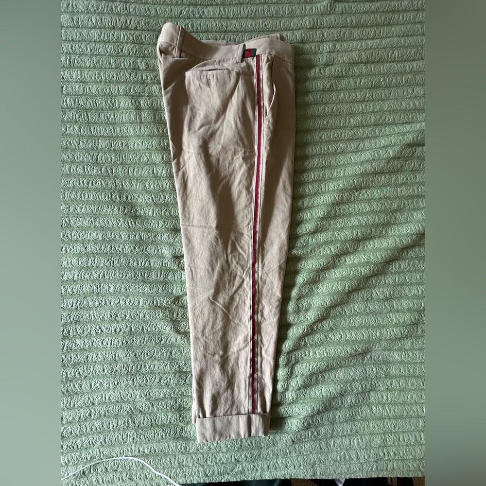 Gucci mens gold and white side stripe khaki trousers